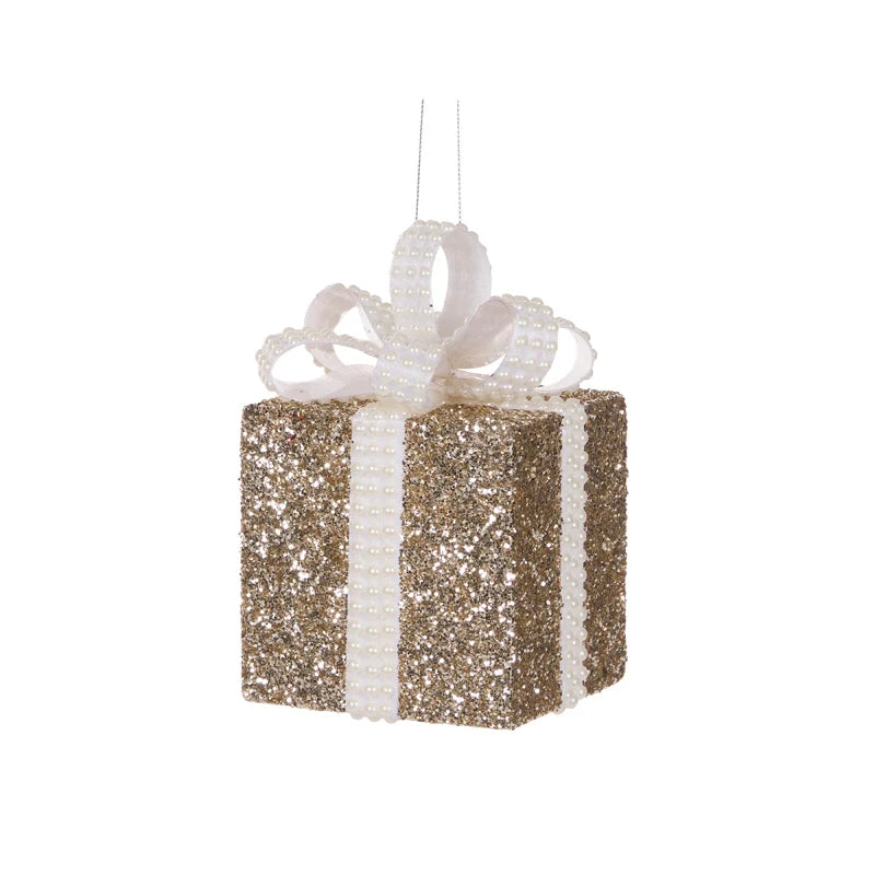 10cm Champagne & White Glittered Gift Box