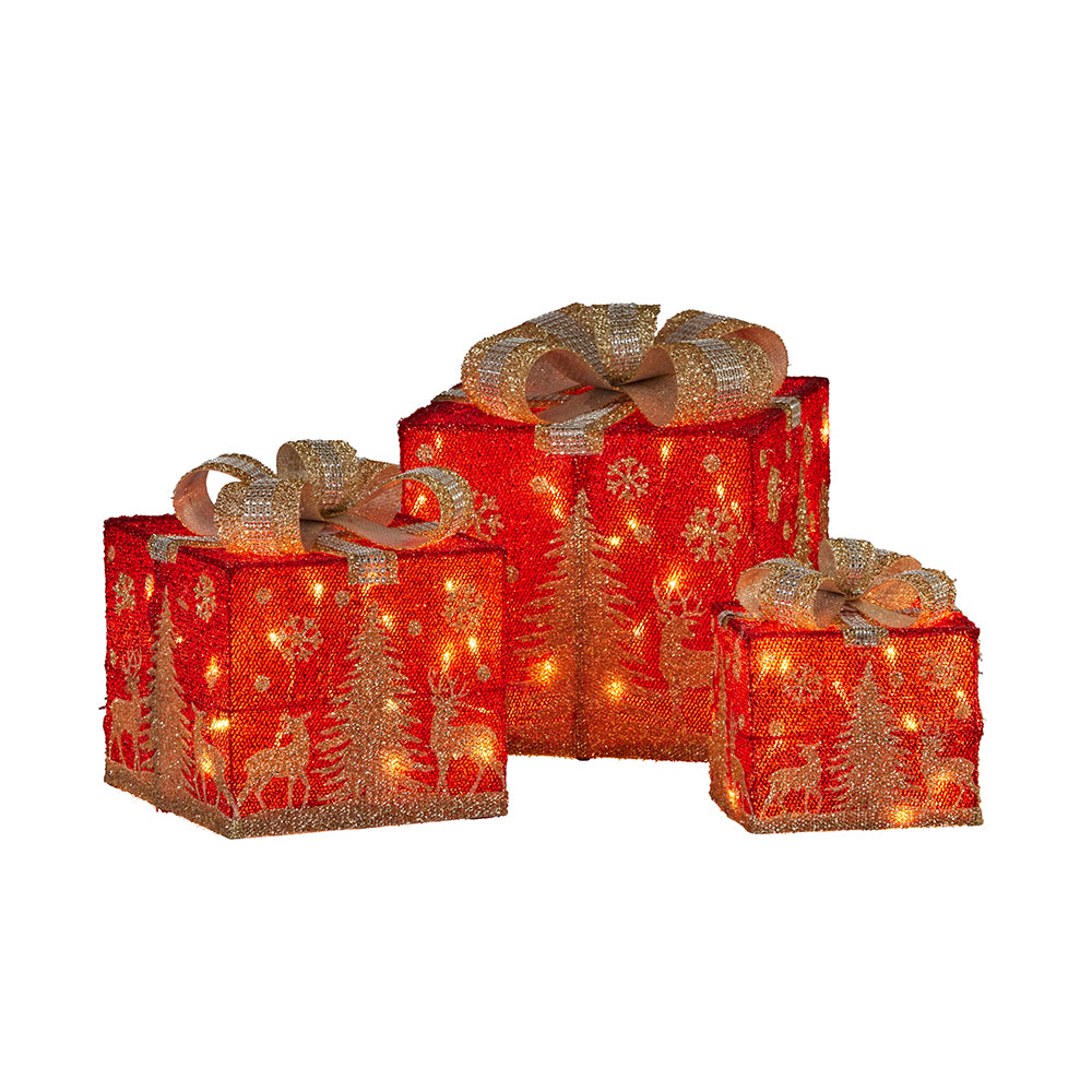 Set 3 Red/Gold Gift Boxes with Lig