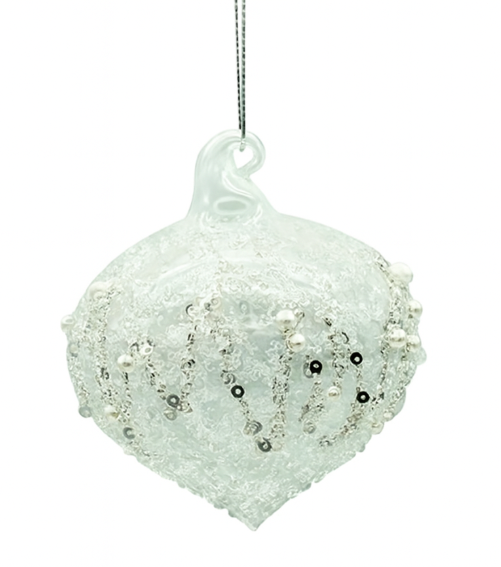Glass Bauble White Pearls Onion