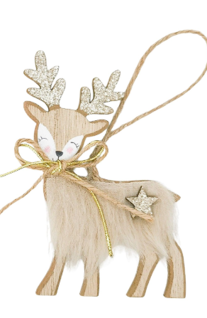 Fluffy Reindeer Hanging Decoration Bisque
