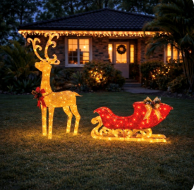 Reindeer & Sliegh w Lights Gld/Red