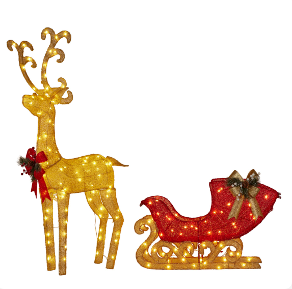 Reindeer & Sliegh w Lights Gld/Red