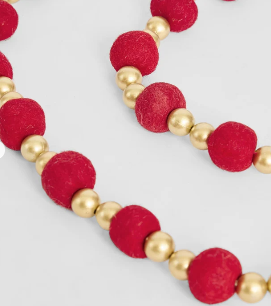 Felt Pompom Garland with Gold Beads Red