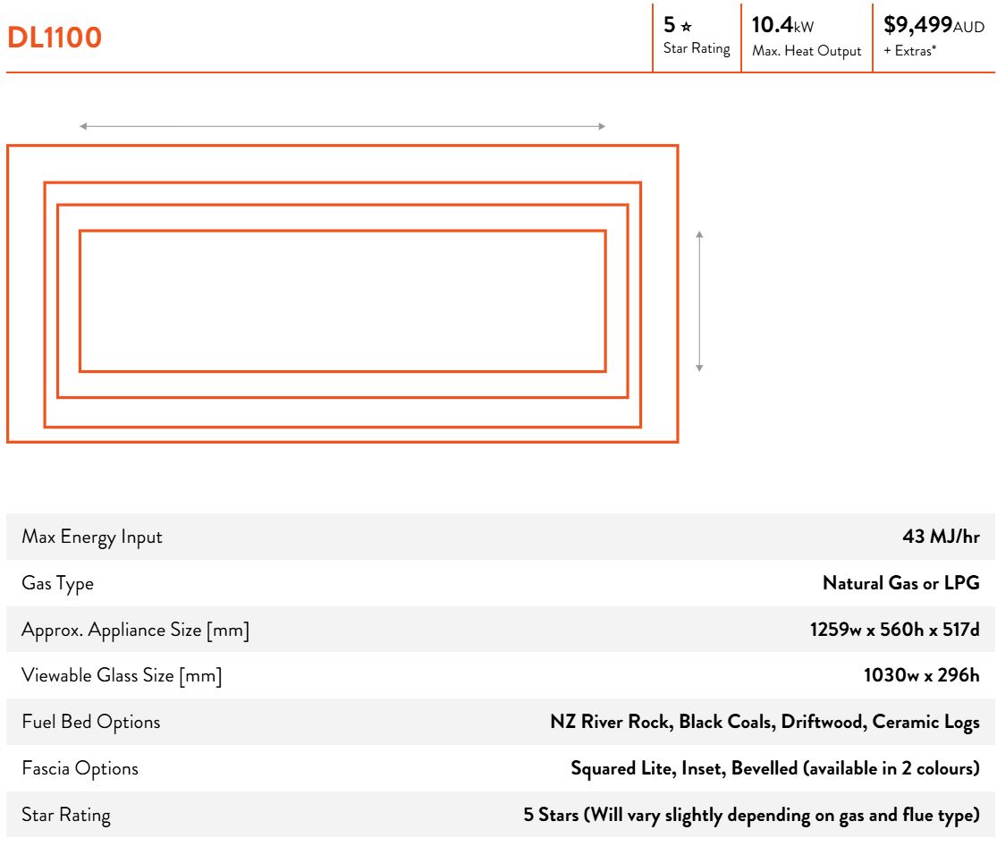 Escea DL Single Sided Range - High Output Gas Insert Fireplace