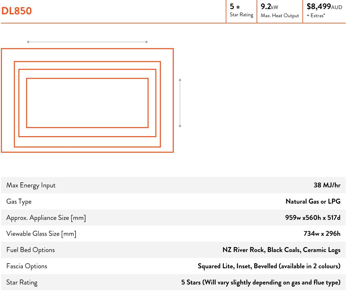 Escea DL Single Sided Range - High Output Gas Insert Fireplace