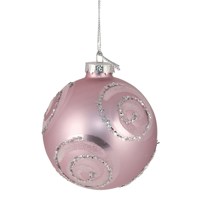Glass 8cm Bauble Pink Silver Swirl