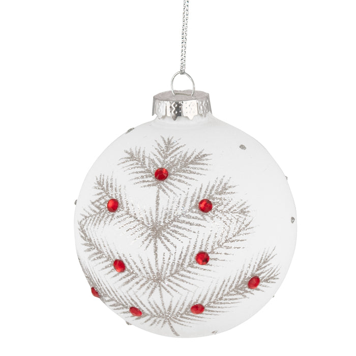 Glass 8cm Bauble White Silver Red