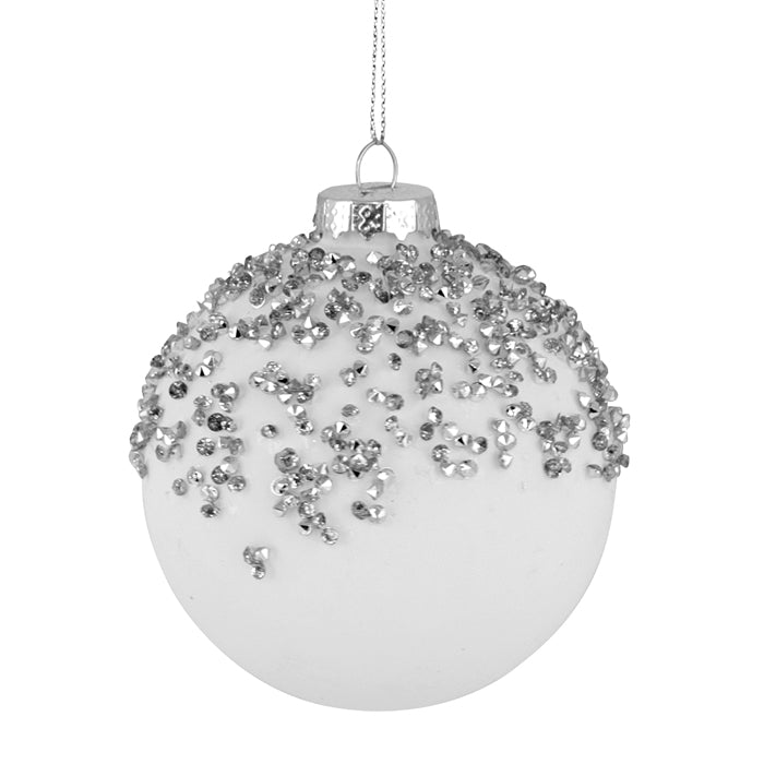 Glass 8cm Bauble White Silver