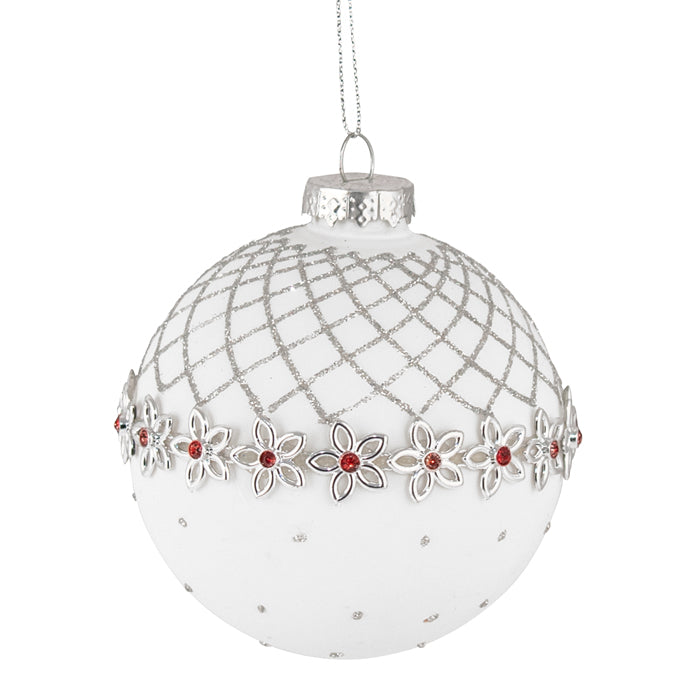 Glass 8cm Bauble White Silv/Red