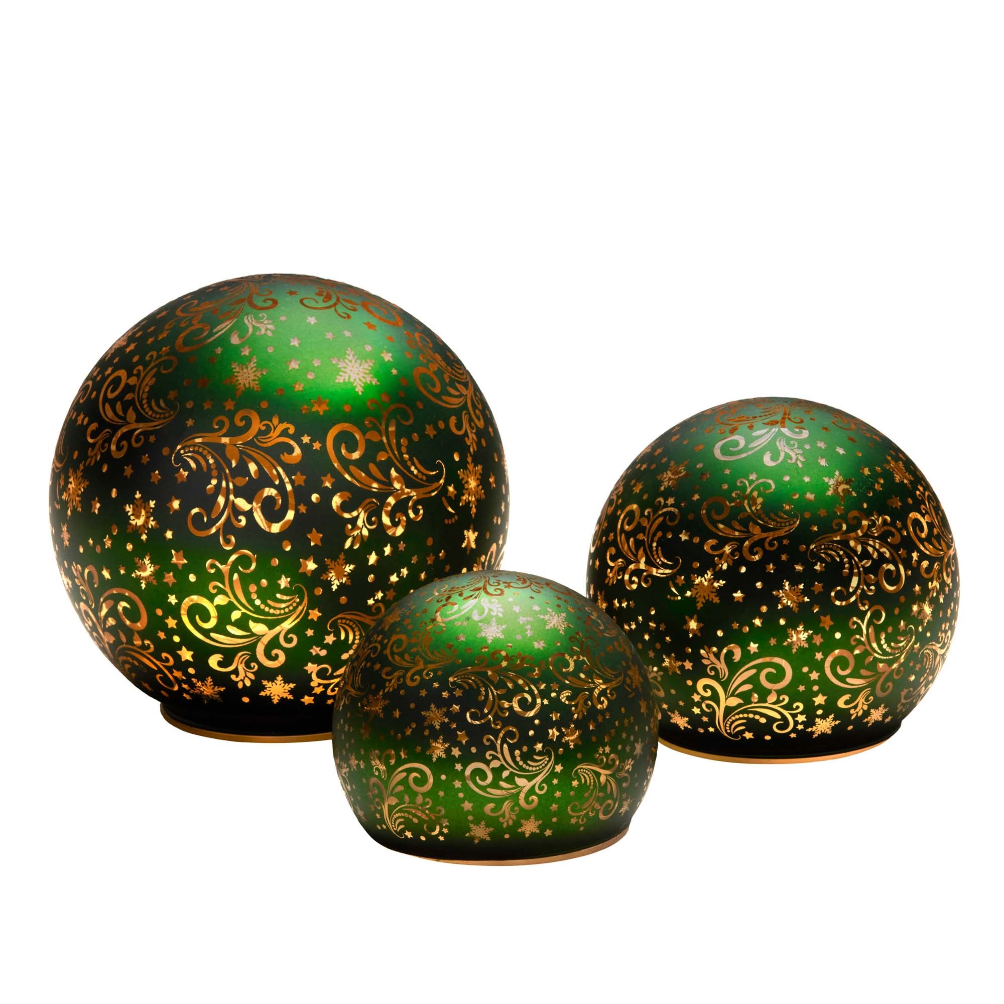 Set of 3 Light Up Spheres Green with Gold