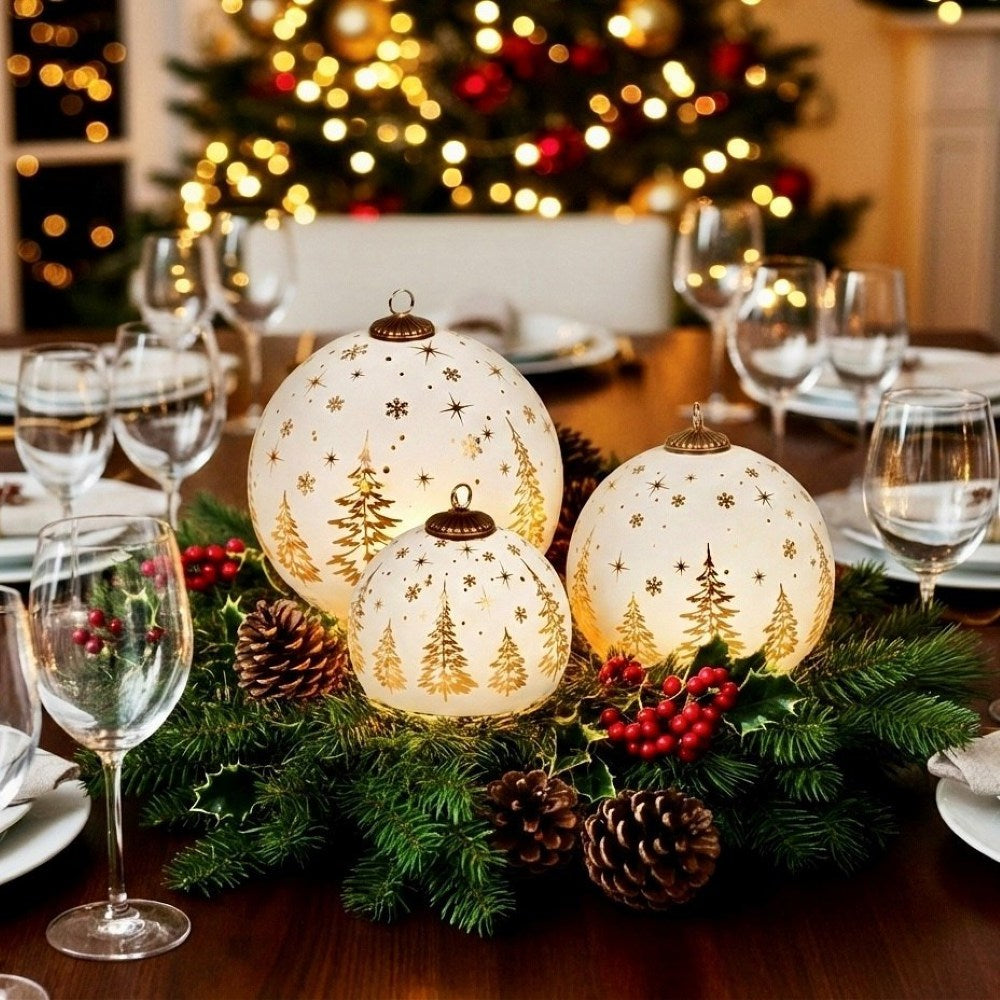 Set of 3 Light Up Spheres White with Gold