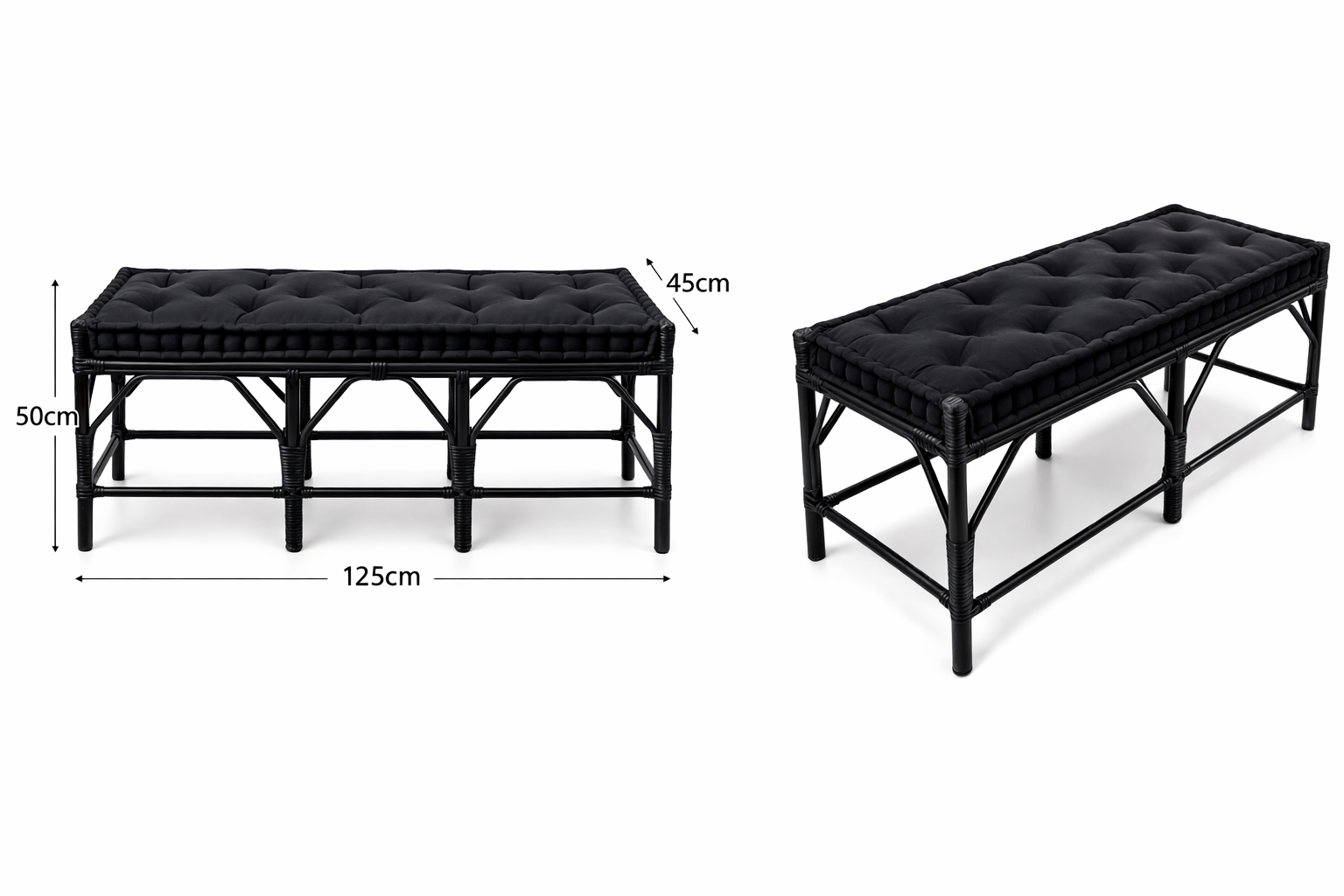 Wicker Cushioned Bench Seat Black