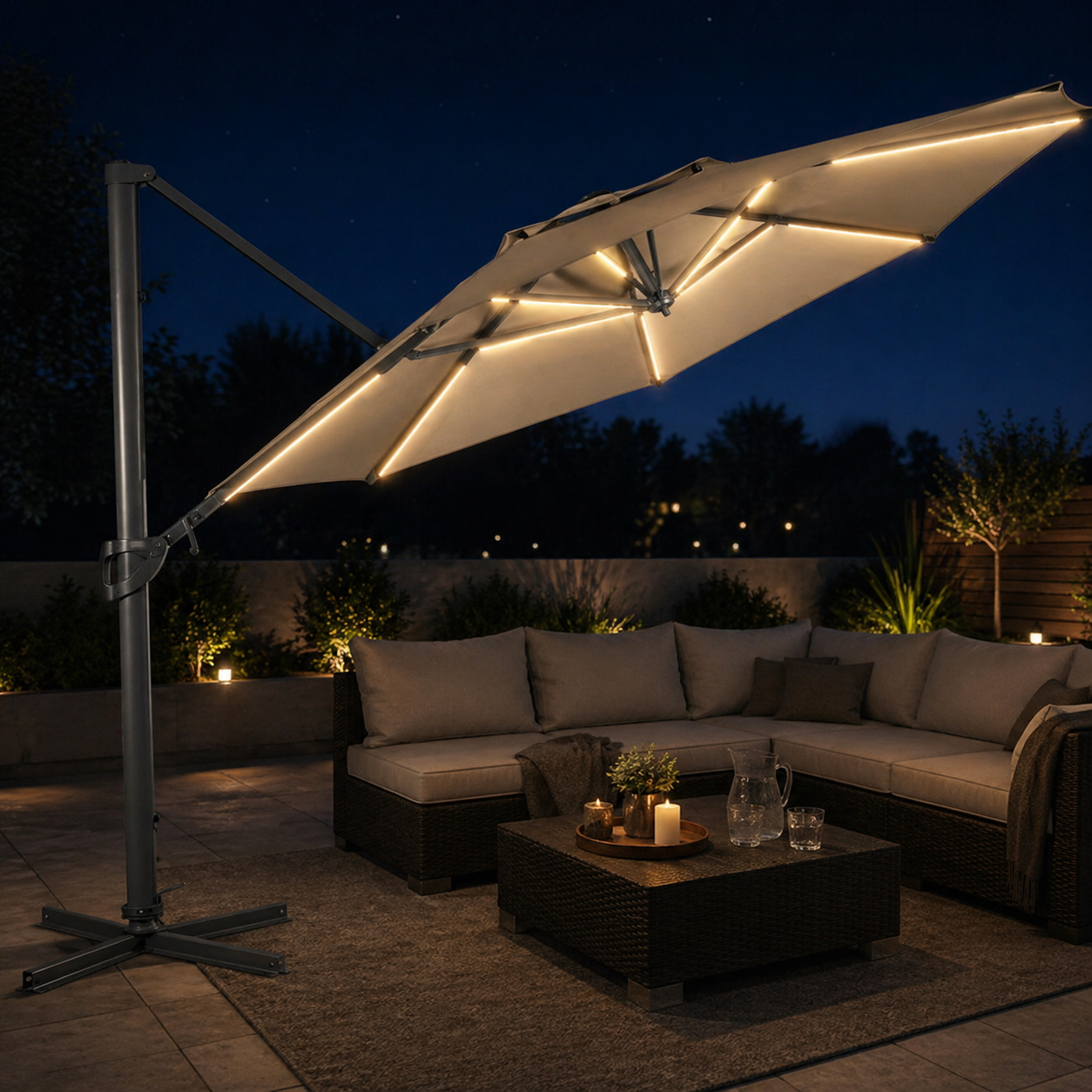 Windemere Octagonal Cantilever Taupe w/ LED Lights- 3.3m
