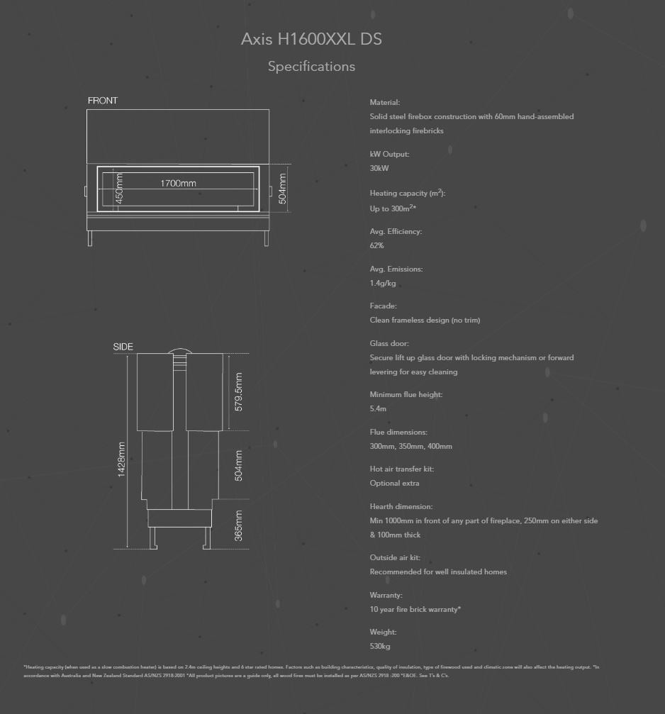 Axis 1600XXL Double Sided Inbuilt Wood Heater