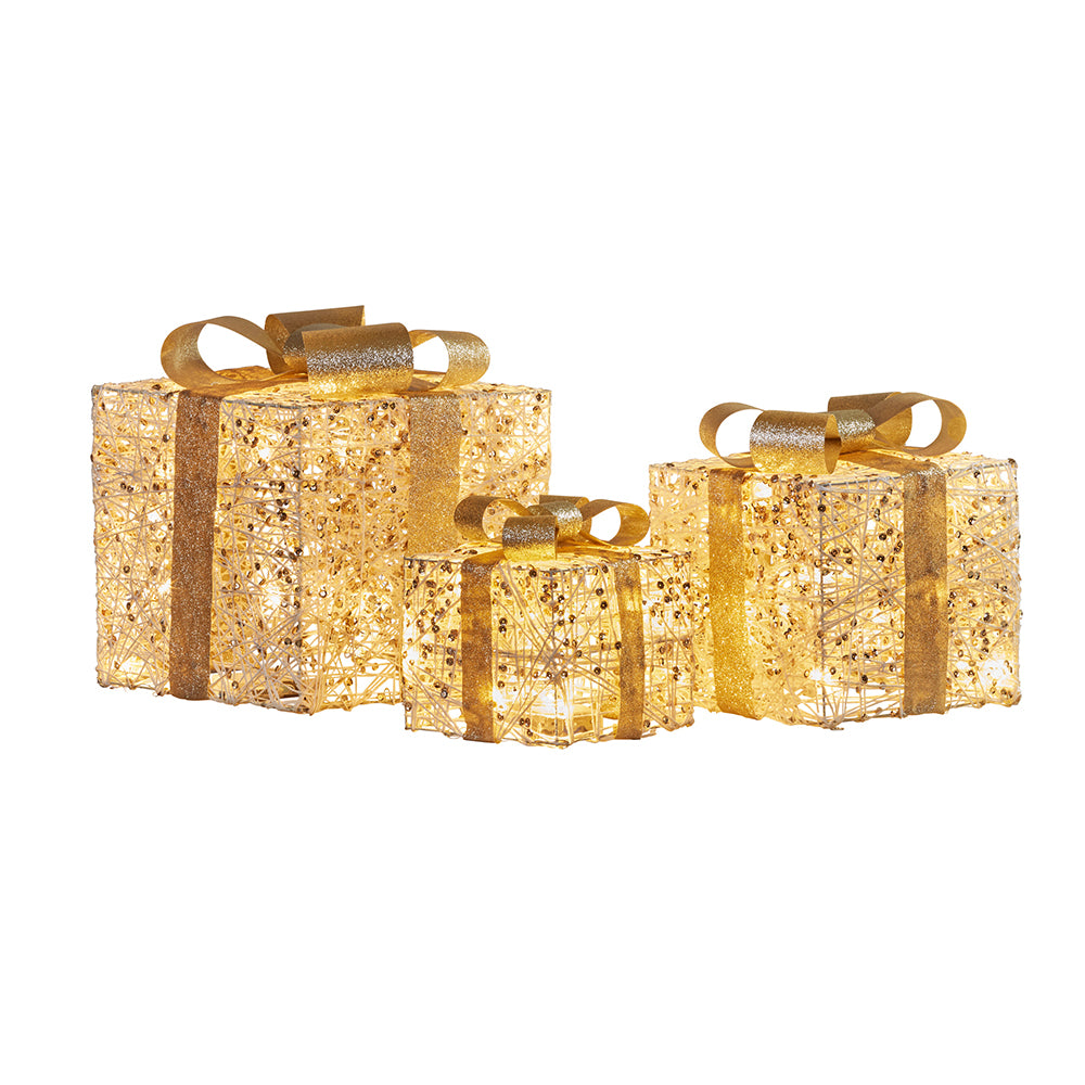 Set 3 Gold Gift Boxes with Lights