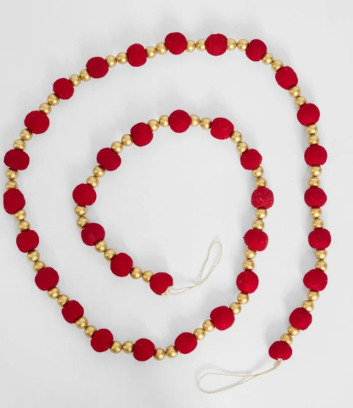 Felt Pompom Garland with Gold Beads Red