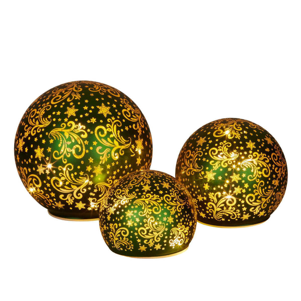 Set of 3 Light Up Spheres Green with Gold
